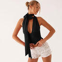 Aislinn | Women's Plunge Neck Scarf Tie Open Back Ruched Front Halter Crop Top