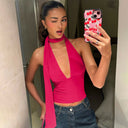 Aislinn | Women's Plunge Neck Scarf Tie Open Back Ruched Front Halter Crop Top