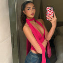 Aislinn | Women's Plunge Neck Scarf Tie Open Back Ruched Front Halter Crop Top