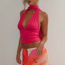 Aislinn | Women's Plunge Neck Scarf Tie Open Back Ruched Front Halter Crop Top
