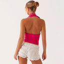 Aislinn | Women's Plunge Neck Scarf Tie Open Back Ruched Front Halter Crop Top