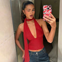 Aislinn | Women's Plunge Neck Scarf Tie Open Back Ruched Front Halter Crop Top