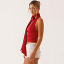 Aislinn | Women's Plunge Neck Scarf Tie Open Back Ruched Front Halter Crop Top