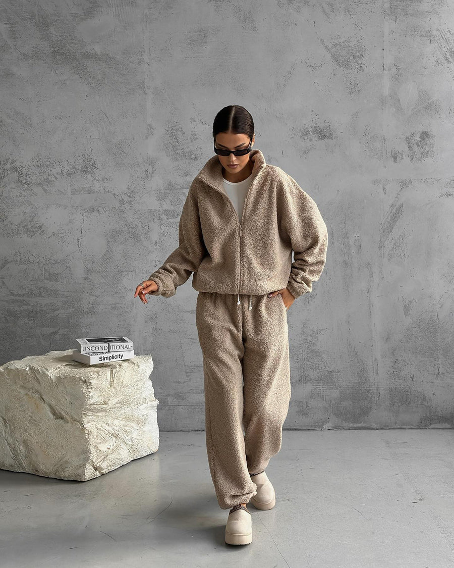 Aiyana | Women's Zip Long Sleeve Fleece Wide Leg Two Piece Set