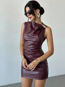 Alessandra | Women's High Neck Sleeveless Shoulder Clasp Glossy Mini Dress