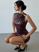 Alessandra | Women's High Neck Sleeveless Shoulder Clasp Glossy Mini Dress