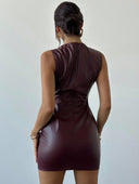 Alessandra | Women's High Neck Sleeveless Shoulder Clasp Glossy Mini Dress