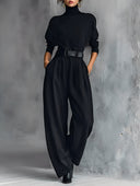 Alisha | Women's Turtleneck Long Sleeve Belted Pleated Wide Leg Two Piece Set