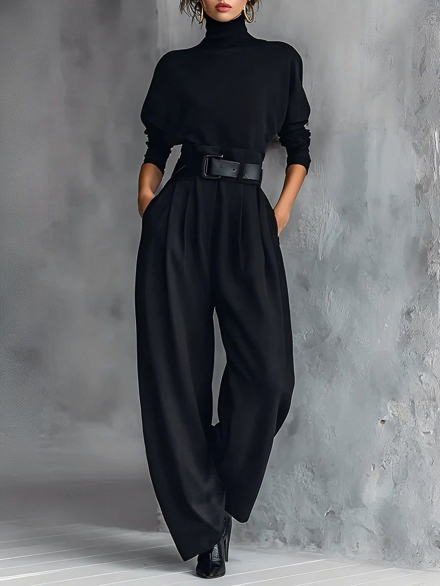 Alisha | Women's Turtleneck Long Sleeve Belted Pleated Wide Leg Two Piece Set