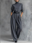 Alisha | Women's Turtleneck Long Sleeve Belted Pleated Wide Leg Two Piece Set