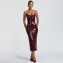Alisson | Women's Sweetheart Neck Bust Cups Back Slit Glossy Midi Dress