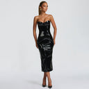 Alisson | Women's Sweetheart Neck Bust Cups Back Slit Glossy Midi Dress