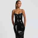 Alisson | Women's Sweetheart Neck Bust Cups Back Slit Glossy Midi Dress