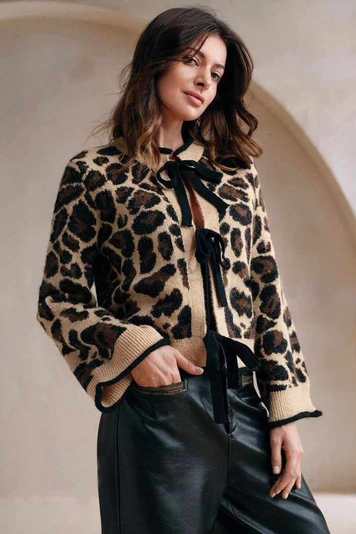Amabel | Women's Tie-Front Leopard Print Long Sleeve Cardigan
