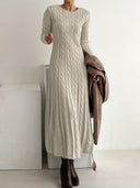 Amethyst | Women's Crew Neck Long Sleeve Cable Knit Maxi Dress