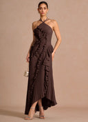 Aminta | Women's Halter Neck Asymmetric Hem Ruffle Pleated Maxi Dress