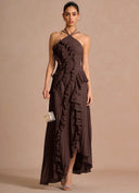 Aminta | Women's Halter Neck Asymmetric Hem Ruffle Pleated Maxi Dress
