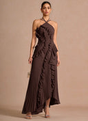 Aminta | Women's Halter Neck Asymmetric Hem Ruffle Pleated Maxi Dress