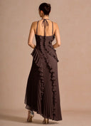 Aminta | Women's Halter Neck Asymmetric Hem Ruffle Pleated Maxi Dress