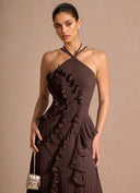 Aminta | Women's Halter Neck Asymmetric Hem Ruffle Pleated Maxi Dress