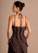 Aminta | Women's Halter Neck Asymmetric Hem Ruffle Pleated Maxi Dress