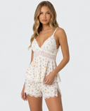 Andrena | Women's Floral Print Deep V Neck Lace Trim Pajama Set with Shorts