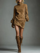 Annora | Women's Faux Suede High Neck Long Sleeve Utility Pocket Mini Dress