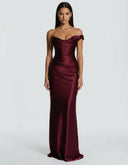 Anouk | Women's One Shoulder Draped Neck Ruched Front Satin Maxi Dress