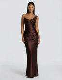 Anouk | Women's One Shoulder Draped Neck Ruched Front Satin Maxi Dress