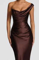 Anouk | Women's One Shoulder Draped Neck Ruched Front Satin Maxi Dress