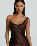 Anouk | Women's One Shoulder Draped Neck Ruched Front Satin Maxi Dress