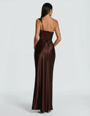 Anouk | Women's One Shoulder Draped Neck Ruched Front Satin Maxi Dress