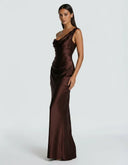 Anouk | Women's One Shoulder Draped Neck Ruched Front Satin Maxi Dress
