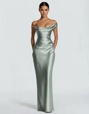 Anouk | Women's One Shoulder Draped Neck Ruched Front Satin Maxi Dress