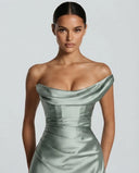 Anouk | Women's One Shoulder Draped Neck Ruched Front Satin Maxi Dress
