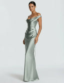 Anouk | Women's One Shoulder Draped Neck Ruched Front Satin Maxi Dress