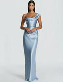 Anouk | Women's One Shoulder Draped Neck Ruched Front Satin Maxi Dress