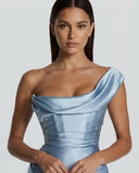 Anouk | Women's One Shoulder Draped Neck Ruched Front Satin Maxi Dress