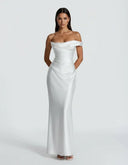 Anouk | Women's One Shoulder Draped Neck Ruched Front Satin Maxi Dress