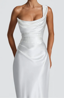 Anouk | Women's One Shoulder Draped Neck Ruched Front Satin Maxi Dress