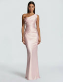Anouk | Women's One Shoulder Draped Neck Ruched Front Satin Maxi Dress