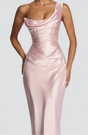 Anouk | Women's One Shoulder Draped Neck Ruched Front Satin Maxi Dress
