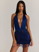 Arielle | Women's Plunge Halter Neck Sequin Trim Beaded Fringe Mini Dress