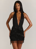 Arielle | Women's Plunge Halter Neck Sequin Trim Beaded Fringe Mini Dress