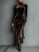 Asha | Women's Turtleneck Long Sleeve Ruched Velvet Lace Slit Maxi Dress