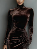 Asha | Women's Turtleneck Long Sleeve Ruched Velvet Lace Slit Maxi Dress