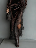Asha | Women's Turtleneck Long Sleeve Ruched Velvet Lace Slit Maxi Dress