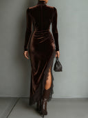 Asha | Women's Turtleneck Long Sleeve Ruched Velvet Lace Slit Maxi Dress