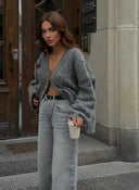 Aubree | Women's Fuzzy Knit Button Front V-Neck Cardigan