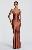 Aubriana | Women's Sweetheart Neck Spaghetti Strap Lace Up Back Satin Maxi Dress